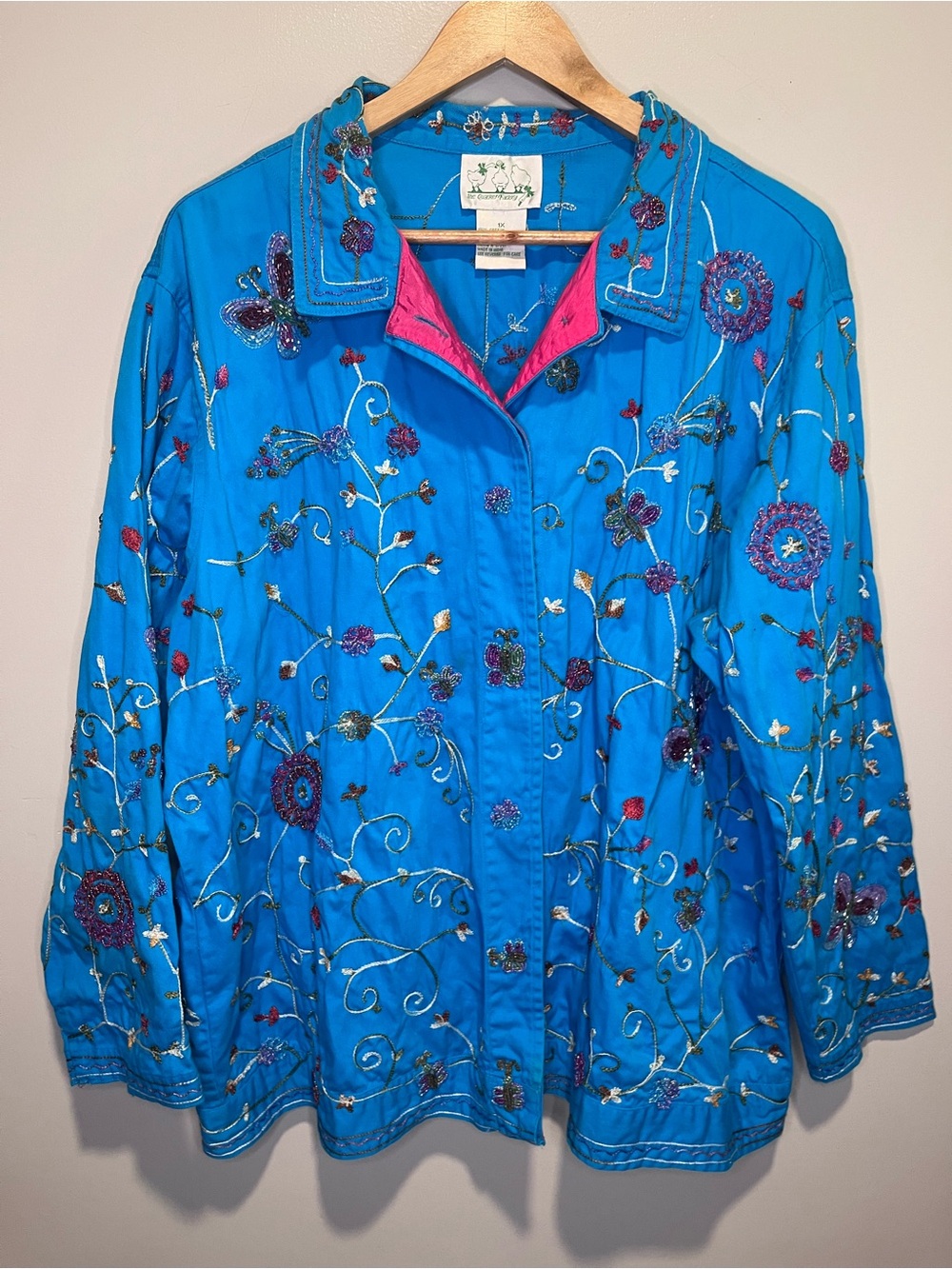 Quacker Factory Bright Blue Embroidered Utility Jacket with Pink Accent